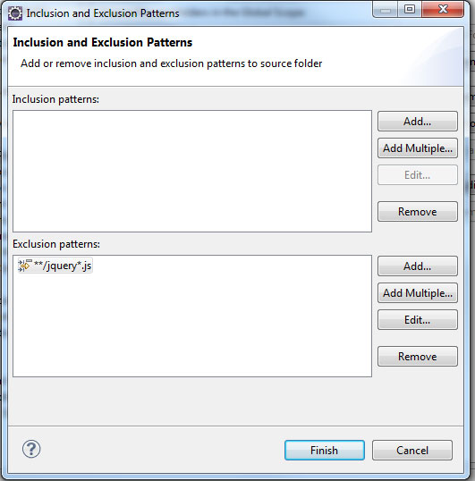  Ventana para editar fuentes incluidas y excluidas en la validación de Eclipse 