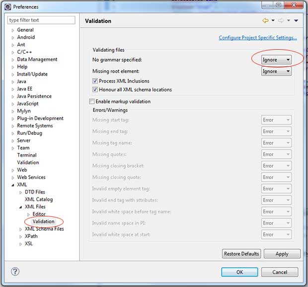 Ignorar la ausencia de gramática en ficheros XML  en Eclipse